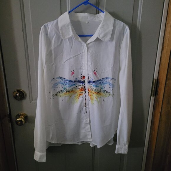 NWOT Lovely White Button Up Shirt with Large Pastel Butterfly Plus Size 3X - Picture 1 of 5